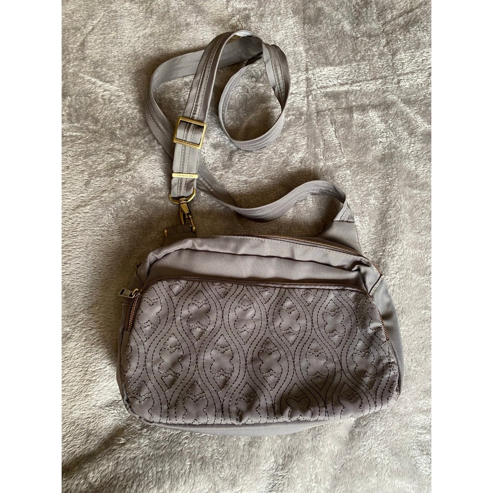Travelon Gray Nylon Side Sling Purse Lavender Lining 11" Daily Travel s4